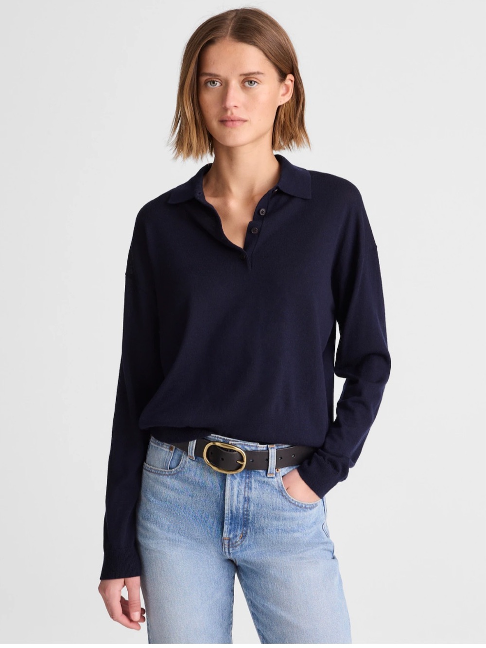 NWT Madewell Drop-Shoulder Polo Sweater in Merino Wool Navy